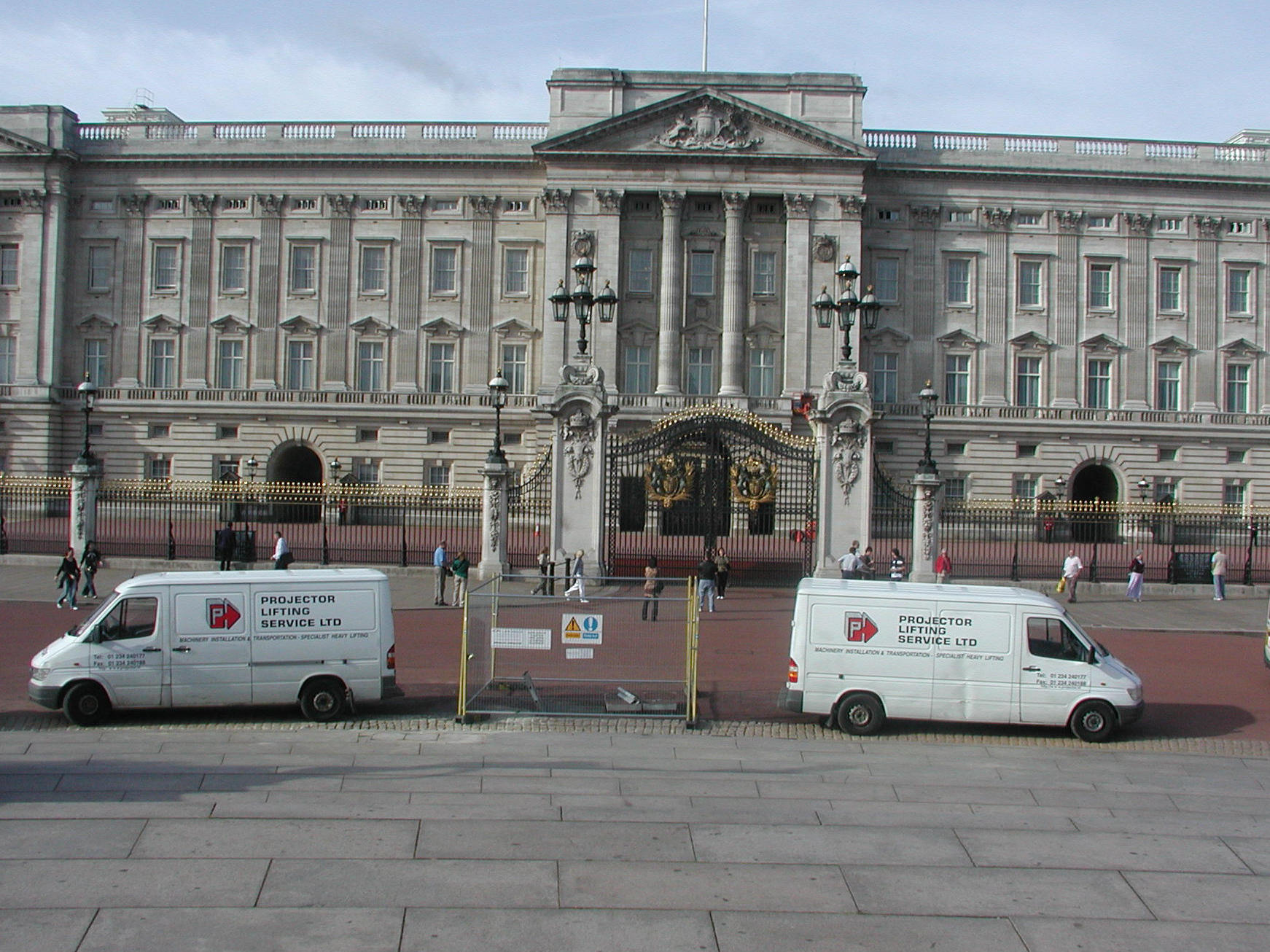 Projector Lifting Service vans outside Buckingham Palace